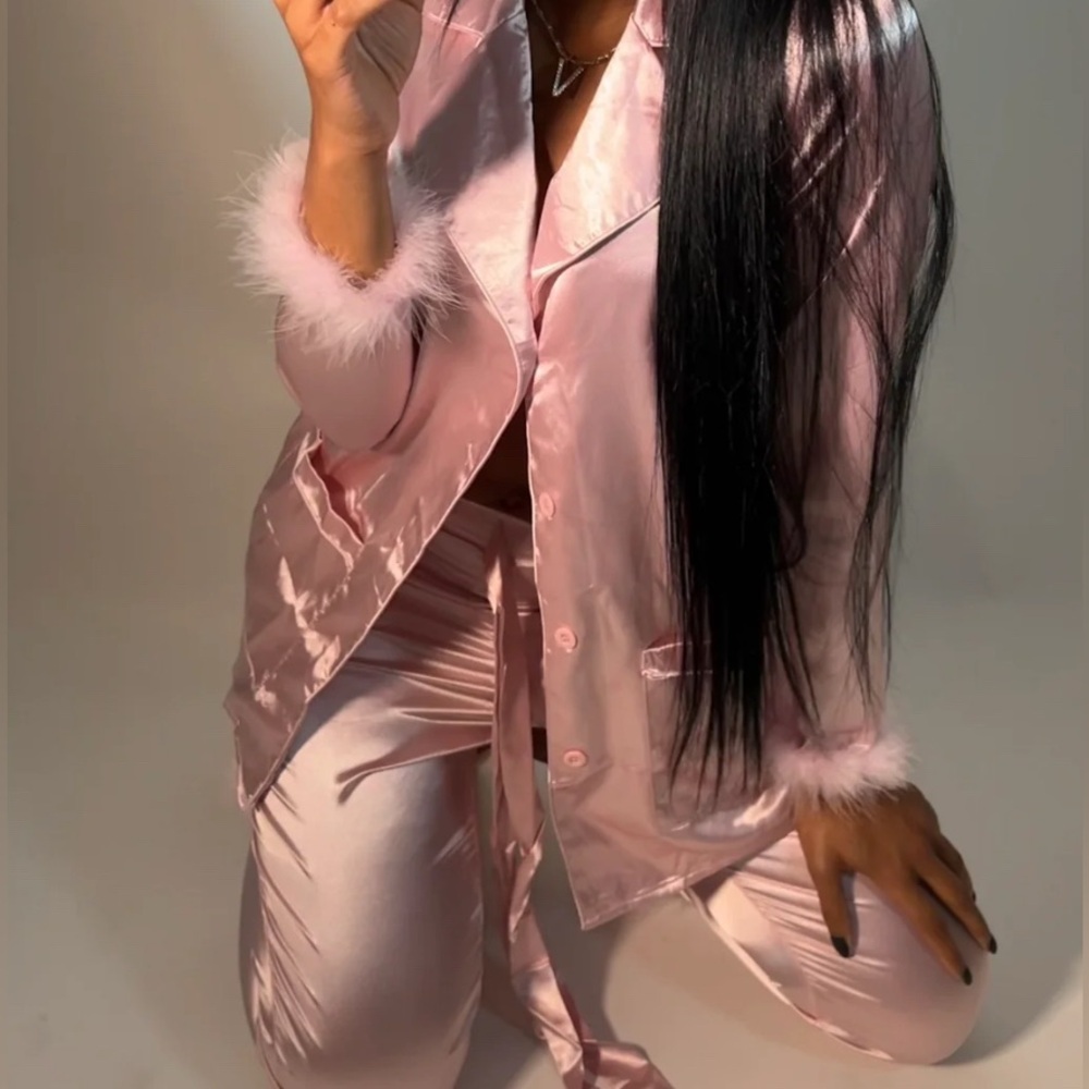Trendy Boutique Blush Satin Pajama Set with Feather Cuffs